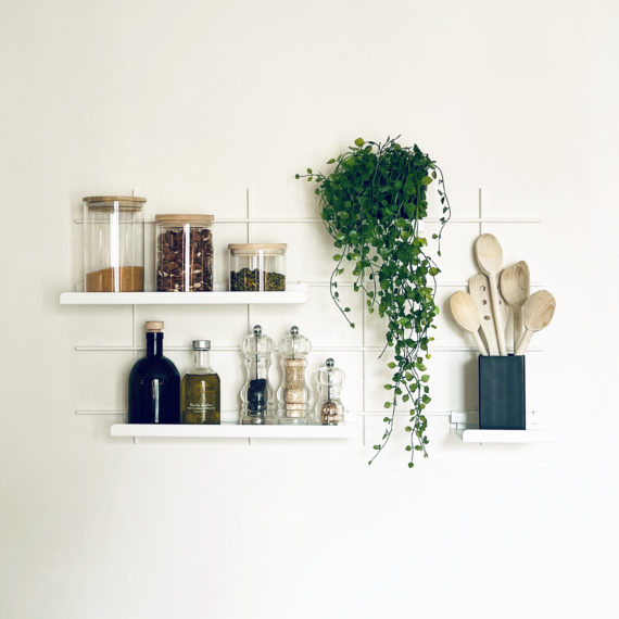 Gassien Paris Lucien shelf presented with kitchen objects. White color