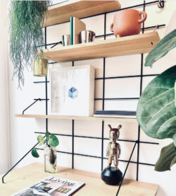 Schreibtisch minimalistisch Gassien Paris mit Regale aus Holz und schwarzem Mundall, Pflanzen vertes und objunds déco.