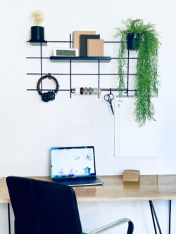Schreibtisch Homeoffice Gassien Paris aus Holz mit Regal schwarzem Mundall und Pflanze verte cascade.