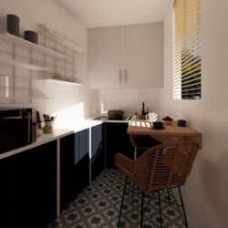 Moderne Küche Gassien Paris mit Regale schwarzem Mundall, carrelage graphique und chaise rotin Naturl.