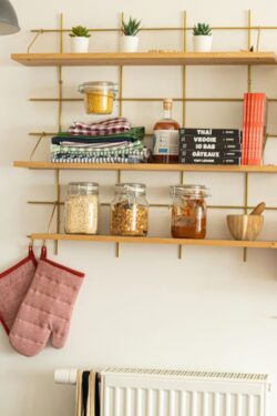 Regal Küche Gassien Paris aus Holz und Messing mit bocaux, Bücher de recundtes und Pflanzen vertes.