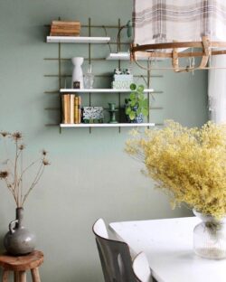 Regale Gassien Paris en Messing und Holz in une Küche au mur vert sauge apaisante.