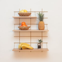 Wandregal Gassien Paris aus Holz und Messing mit fruits frais in une Küche hell.