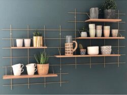 Modulare Regale Gassien Paris aus Holz und Messing in une Küche verte mit Pflanzen und céramiques.