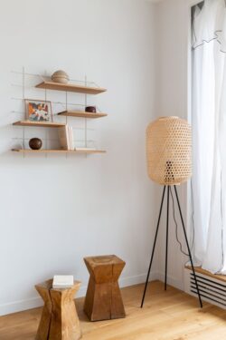 Regale Gassien Paris aus Holz und Mundall weiß in un Wohnzimmer skandinavisch épuré und hell.
