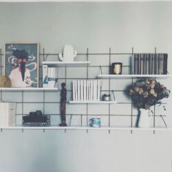 Regale Wands Gassien Paris en Mundall Messing und weiß, Wohnzimmer skandinavisch mit Bücher, Blumen séchées und œuvre d'art.