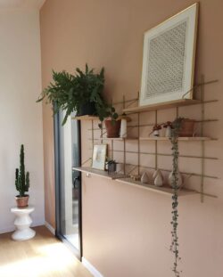 Regale Wands Gassien Paris en Messing und Holz, décoration végétale in un couloir rose poudré.