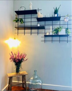 Regale Wands Gassien Paris en schwarzem Mundall in un Wohnzimmer végétal à l'Atmosphäre douce und natürlich.