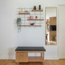 Entrée moderne mit Regale Wands Messing und Holz Gassien Paris, miroir und banc Eiche massif.