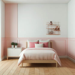 Kinderzimmer rose mit Regal Mundall Gassien Paris, Atmosphäre douce und skandinavisch aus Holz.