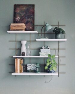 Regale Wands Gassien Paris Messing und weiß, décoration végétale Wohnzimmer mur couleur vert sauge.