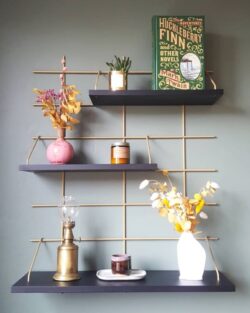 Modulare Regale Gassien Paris Messing und Holz noir, décoration Wand colorée mit Bücher und Pflanzen.