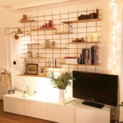 Wohnzimmer modulable Gassien Paris mit Regale Messing und Holz, Atmosphäre cosy und chaleureuse.