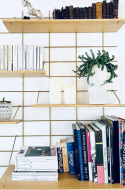 Wandregal Gassien Paris en Messing und Holz, Wohnzimmer cosy mit Bücher und Pflanze verte.