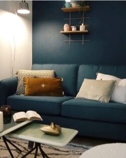 Wohnzimmer cosy bleu canard mit Regale Holz und Messing Gassien Paris, Atmosphäre chaleureuse und moderne.