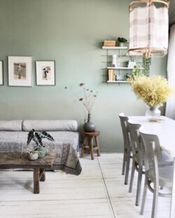 Wohnzimmer bohème vert sauge mit Regale Wands Gassien Paris en Messing und Holz.
