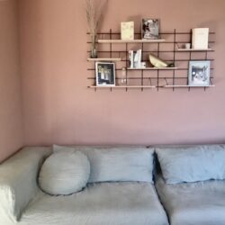 Wohnzimmer cosy mit Modulares Regal Gassien Paris en schwarzem Mundall und Holz sur mur rose.