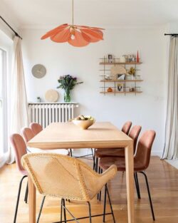 Wohnzimmer chaleureux mit Regal Holz Gassien Paris, chaises roses und suspension corail vintage.