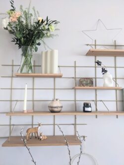 Regale Wands Gassien Paris en Messing und Holz in un Wohnzimmer skandinavisch hell und minimalistisch.