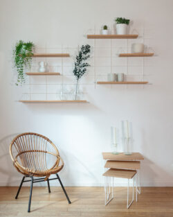 Wohnzimmer minimalistisch Gassien Paris mit Modulare Regale Holz und Mundall weiß, chaise rotin und Pflanzen vertes.