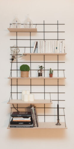 Wandregal modulable Gassien Paris aus Holz und schwarzem Mundall, Wohnzimmer skandinavisch mit Pflanzen und Bücher.