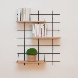 Wandregal modulable Gassien Paris aus Holz und schwarzem Mundall, Wohnzimmer minimalistisch mit Bücher und Pflanze verte.