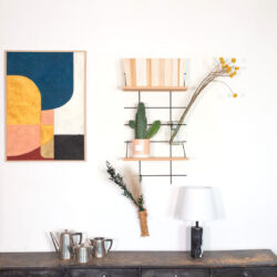 Wohnzimmer minimalistisch Gassien Paris mit Regal Holz und schwarzem Mundall, cactus, art mural abstrait coloré.