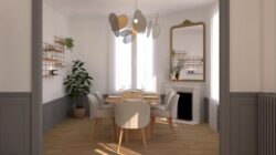 Salle à manger elegant mit Regale Gassien Paris en Messing und Holz, Atmosphäre chaleureuse und hell.