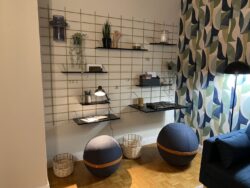 Wohnzimmer modulable Gassien Paris mit Regale Messing, Schreibtischx noirs, Pflanzen und poufs bleus design.