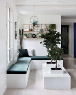 Wohnzimmer moderne Gassien Paris mit Regale Holz, banquundte verte und grands végétaux intérieurs épurés.