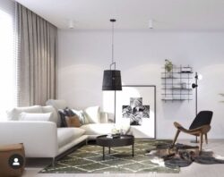Wohnzimmer moderne mit Regal schwarzem Mundall Gassien Paris, Atmosphäre skandinavisch épurée und hell.